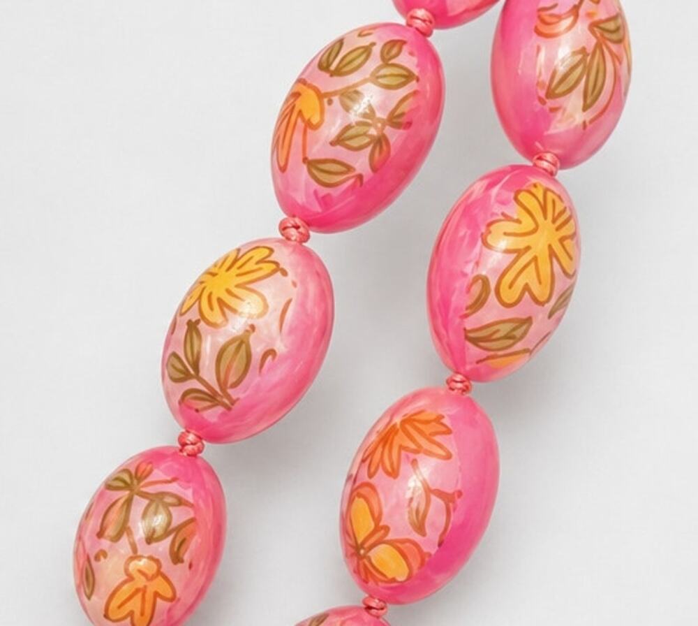 Vintage Pink Floral Plastic Beaded necklace 24"- Mid-century Flower rd02-16